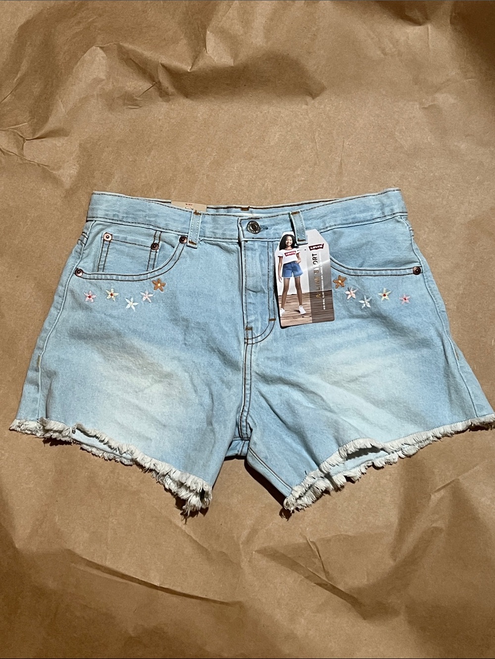 Levi's Light Blue Denim Shorts with Flower Embroidery Accents